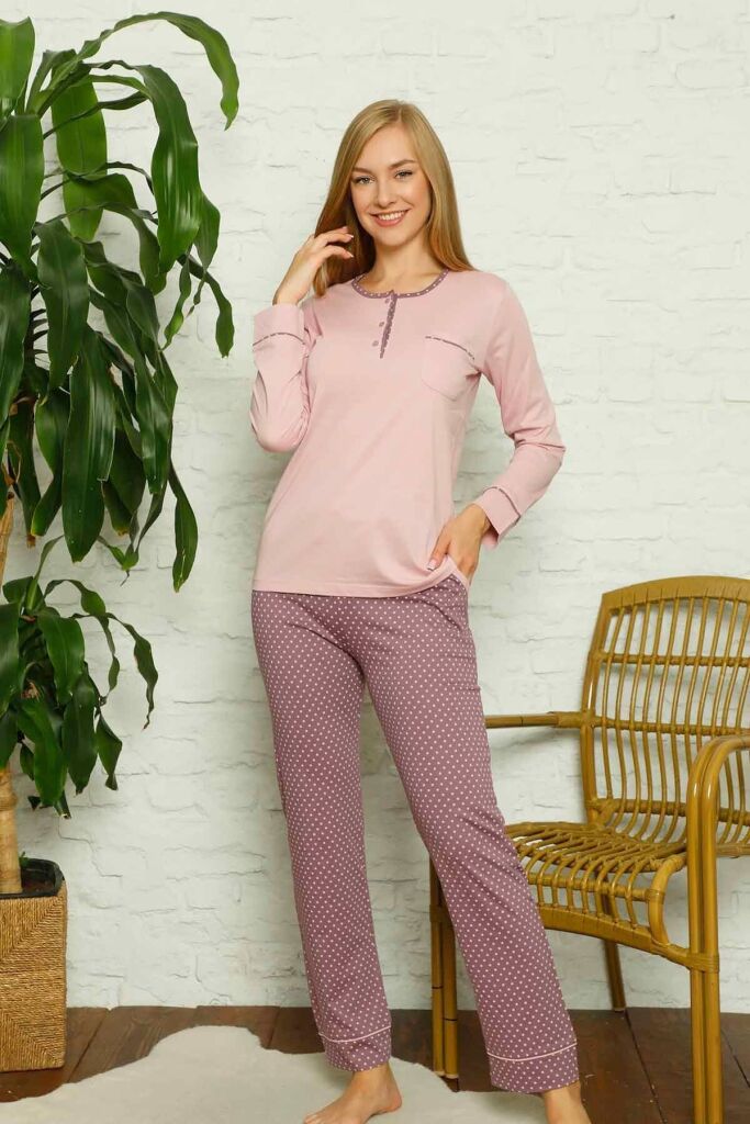 Kadın Pijama Takımı - Gül kurusu Puantiyeli Uzun Kollu Pamuk 2672UY - 4