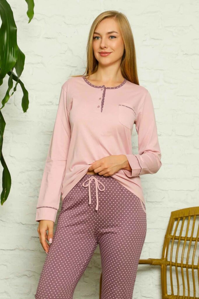 Kadın Pijama Takımı - Gül kurusu Puantiyeli Uzun Kollu Pamuk 2672UY - 2