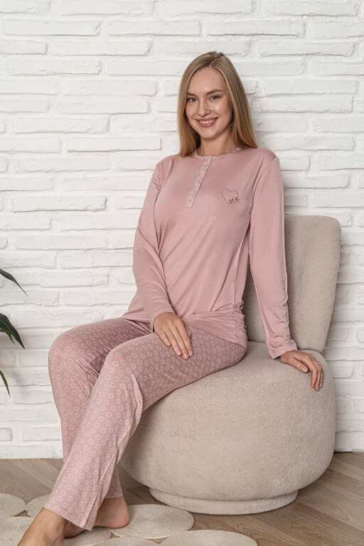 Kadın Pijama Takımı - Pudra Nakış Detaylı Uzun Kol Likralı Viskon 2924UY - 2