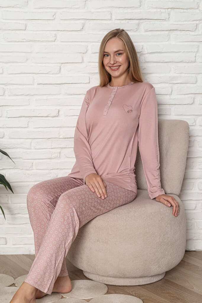 Kadın Pijama Takımı - Pudra Nakış Detaylı Uzun Kol Likralı Viskon 2924UY - 2