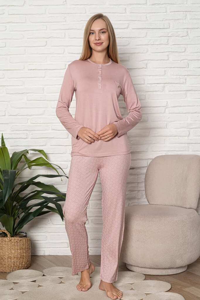 Kadın Pijama Takımı - Pudra Nakış Detaylı Uzun Kol Likralı Viskon 2924UY - 3