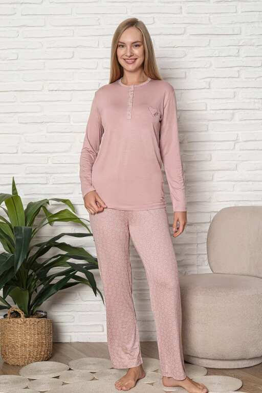 Kadın Pijama Takımı - Pudra Nakış Detaylı Uzun Kol Likralı Viskon 2924UY - 4
