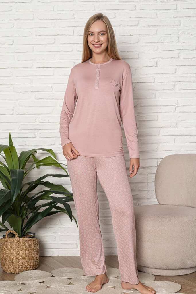 Kadın Pijama Takımı - Pudra Nakış Detaylı Uzun Kol Likralı Viskon 2924UY - 4
