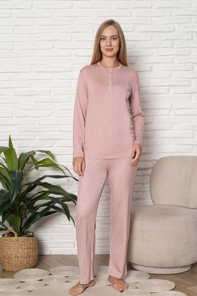 Kadın Pijama Takımı - Pudra Nakış Detaylı Uzun Kol Likralı Viskon 2924UY - 1