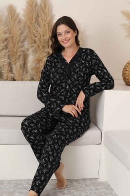 Kadın Pijama Takımı - Siyah Çiçek Desen Uzun Kollu Likralı Pamuk 2882UK - 2