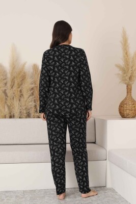 Kadın Pijama Takımı - Siyah Çiçek Desen Uzun Kollu Likralı Pamuk 2882UK - 5