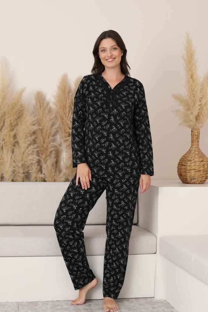 Kadın Pijama Takımı - Siyah Çiçek Desen Uzun Kollu Likralı Pamuk 2882UK - 1