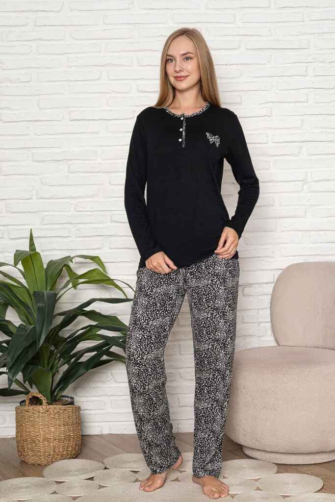 Kadın Pijama Takımı - Siyah Etnik Desen Uzun Kol Likralı Kumaş 2921UY - 1