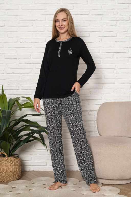 Kadın Pijama Takımı - Siyah Etnik Desen Uzun Kol Likralı Kumaş 2923UY - 3