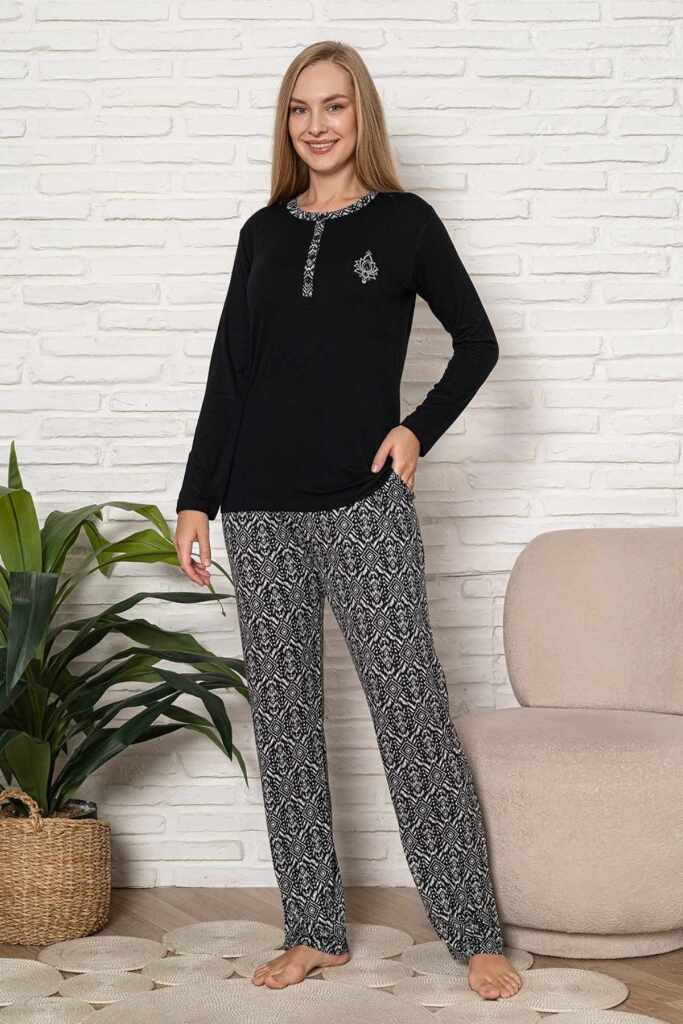 Kadın Pijama Takımı - Siyah Etnik Desen Uzun Kol Likralı Kumaş 2923UY - 3