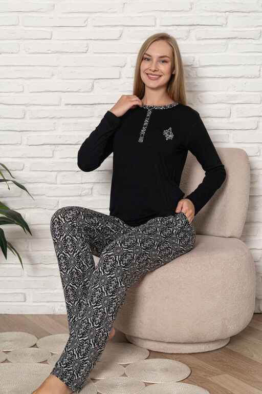 Kadın Pijama Takımı - Siyah Etnik Desen Uzun Kol Likralı Kumaş 2923UY - Alimer (1)