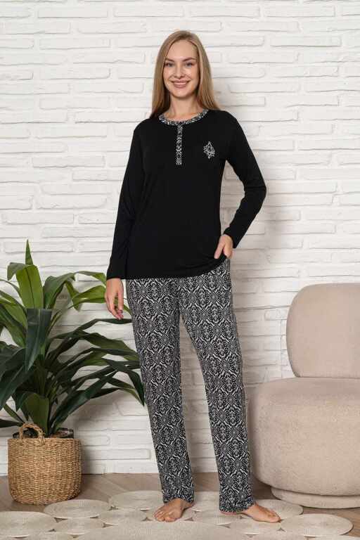 Kadın Pijama Takımı - Siyah Etnik Desen Uzun Kol Likralı Kumaş 2923UY - 4