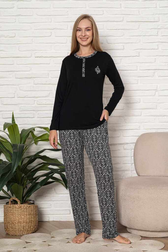 Kadın Pijama Takımı - Siyah Etnik Desen Uzun Kol Likralı Kumaş 2923UY - 4
