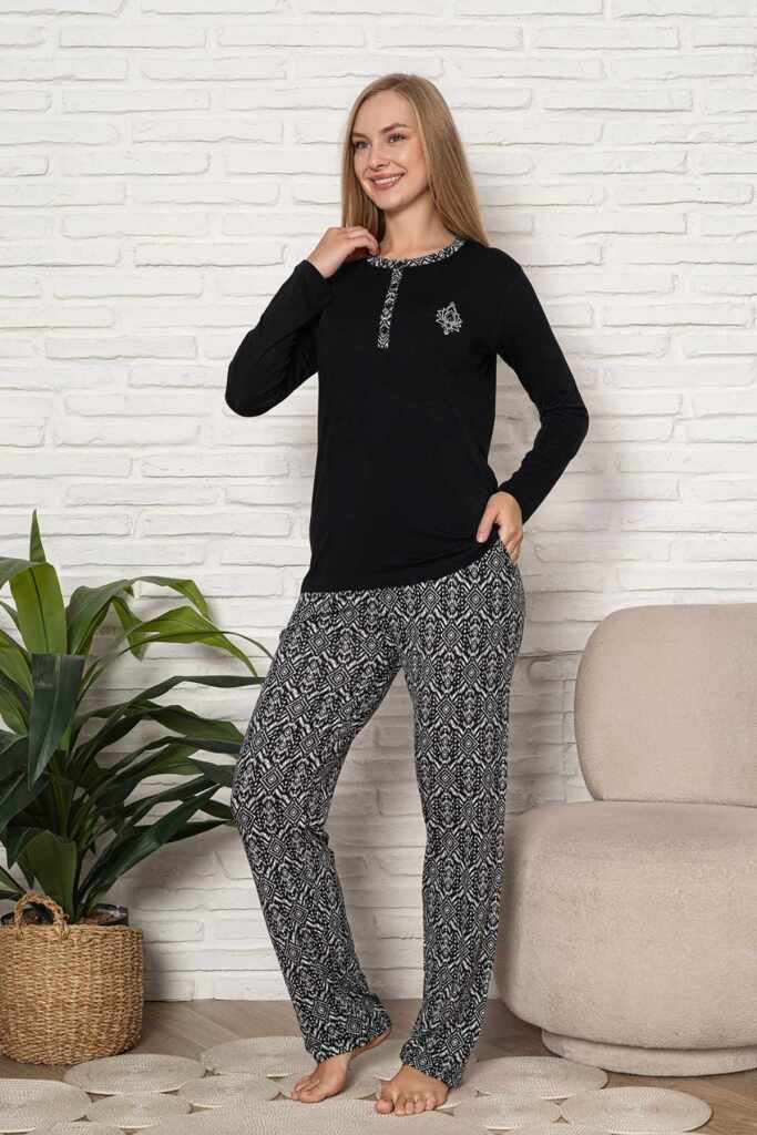 Kadın Pijama Takımı - Siyah Etnik Desen Uzun Kol Likralı Kumaş 2923UY - 1