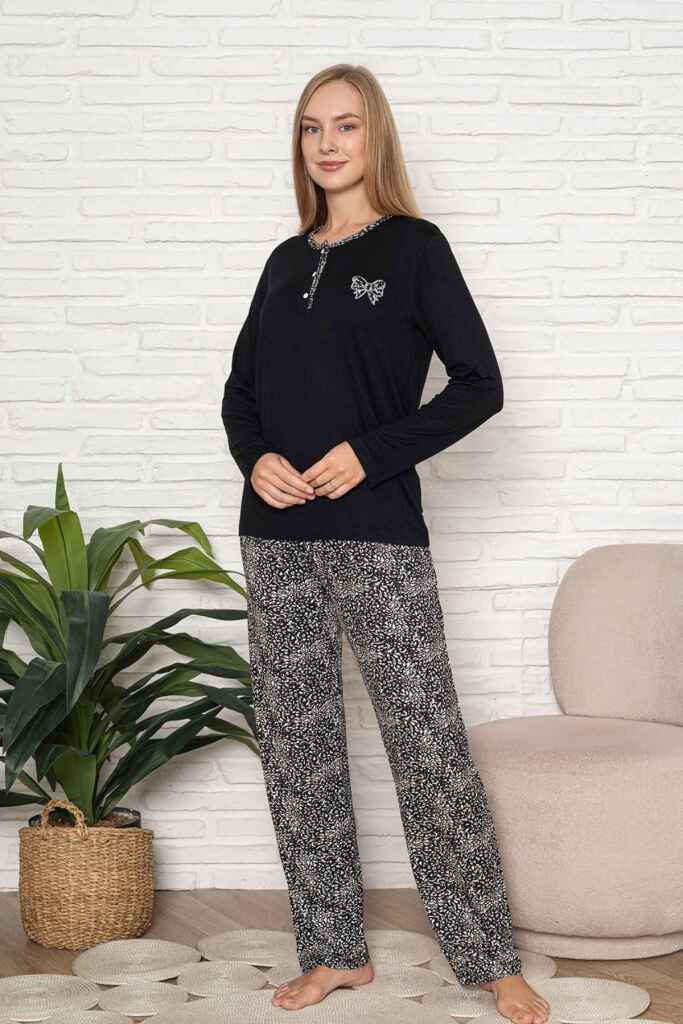 Kadın Pijama Takımı - Siyah Etnik Desen Uzun Kol Likralı Kumaş 2923UY - 3