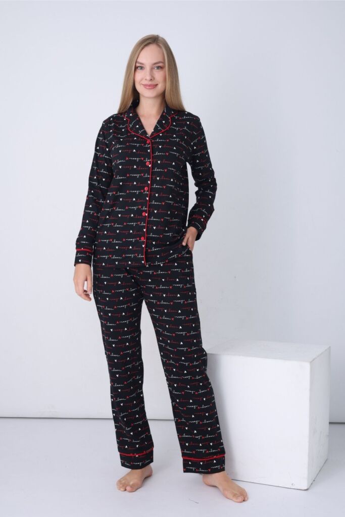 Kadın Pijama Takımı - Siyah Love Önden Düğmeli Uzun Kollu Penye 2926UY - 2