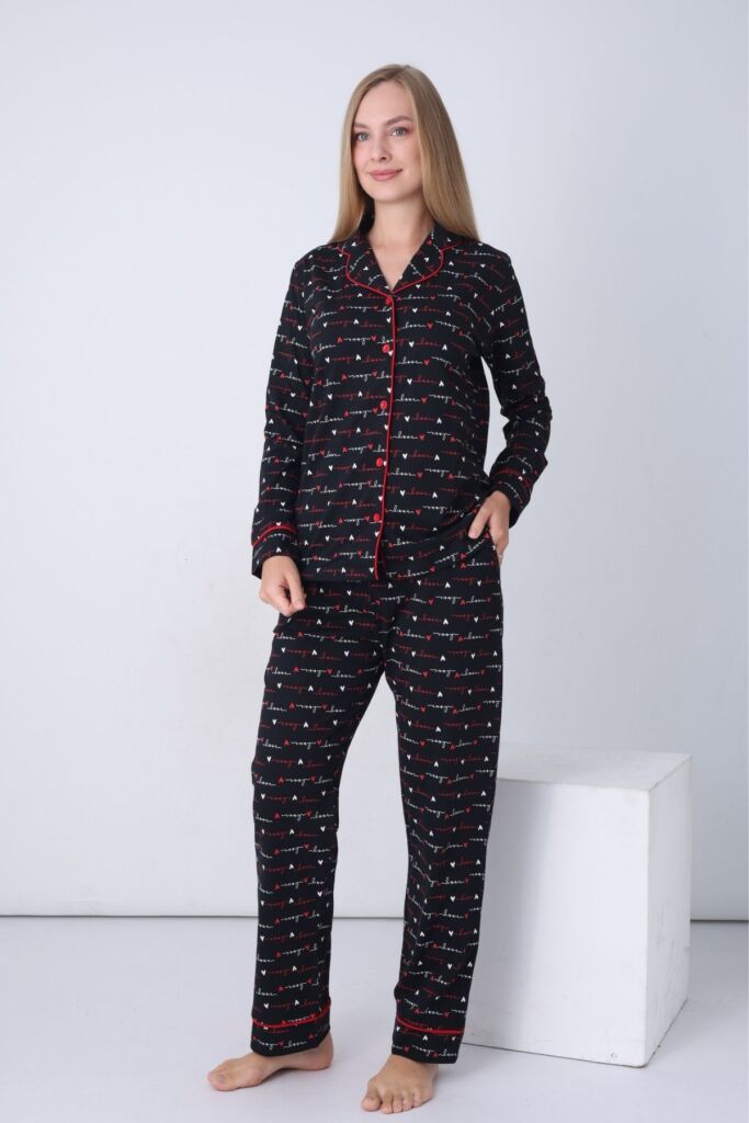Kadın Pijama Takımı - Siyah Love Önden Düğmeli Uzun Kollu Penye 2926UY - 1