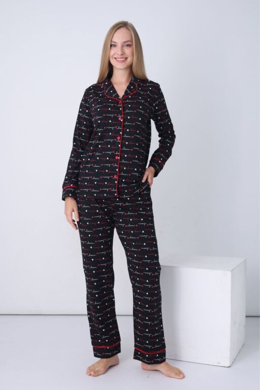 Kadın Pijama Takımı - Siyah Love Önden Düğmeli Uzun Kollu Penye 2926UY - 3