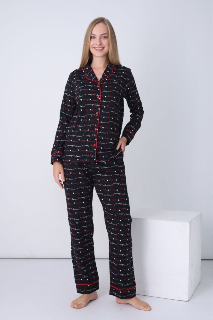 Kadın Pijama Takımı - Siyah Love Önden Düğmeli Uzun Kollu Penye 2926UY - 3