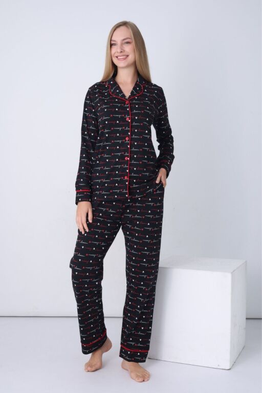 Kadın Pijama Takımı - Siyah Love Önden Düğmeli Uzun Kollu Penye 2926UY - 4