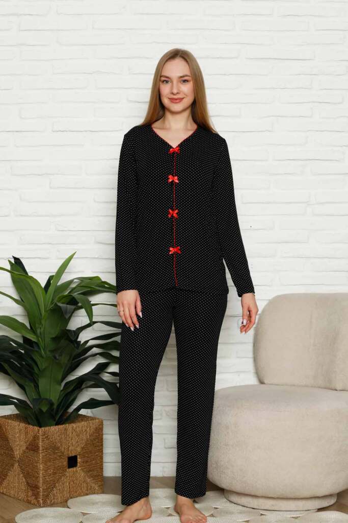 Kadın Pijama Takımı - Siyah Puantiyeli Önden Düğmeli Uzun Kollu Likralı 2828 - 1