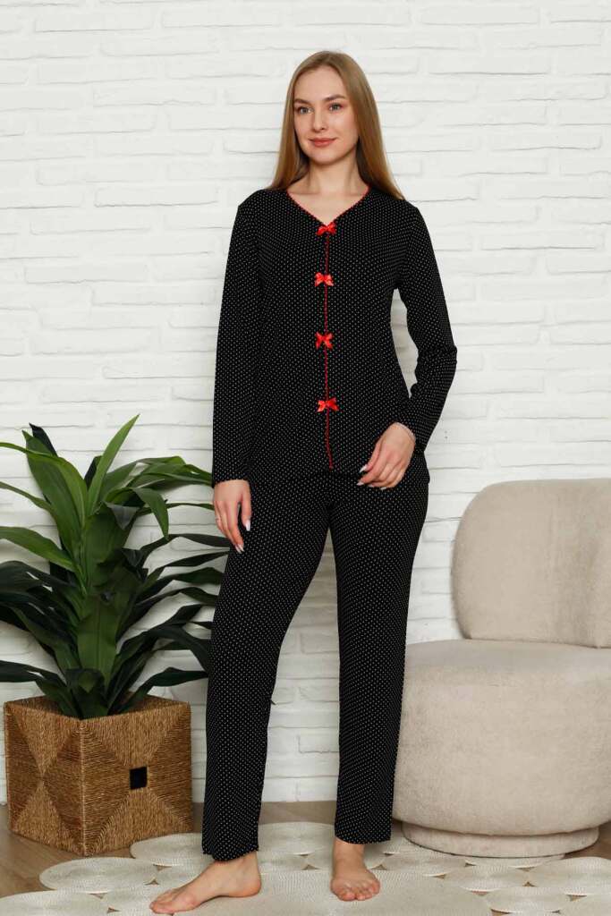 Kadın Pijama Takımı - Siyah Puantiyeli Önden Düğmeli Uzun Kollu Likralı 2828 - 3