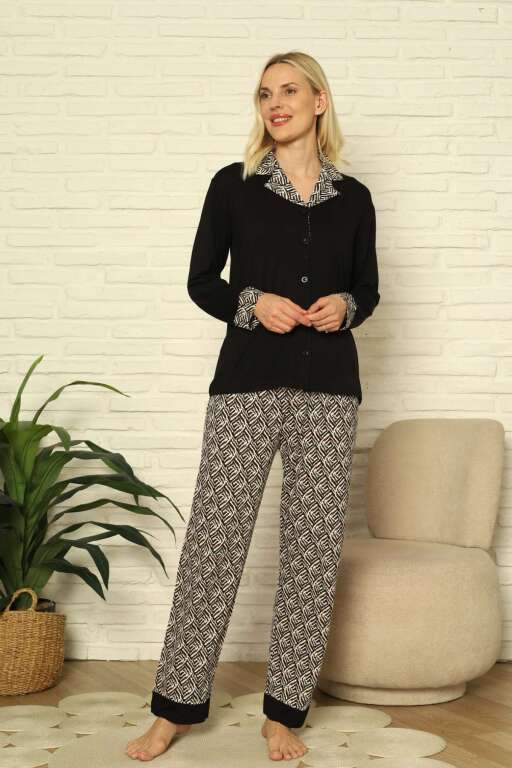 Kadın Pijama Takımı - Siyah Önden Düğmeli Uzun Kollu Likralı 2904UY - Alimer