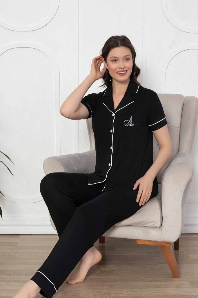 Kadın Pijama Takımı - Siyah Önden Düğmeli Kısa Kollu Likralı Viskon 2782KY - 3