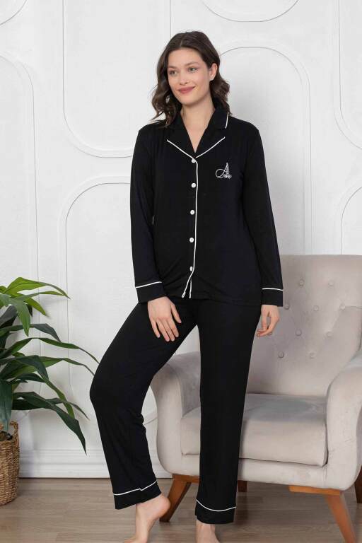 Kadın Pijama Takımı - Siyah Önden Düğmeli Uzun Kollu Likralı Viskon 2782UY - Alimer