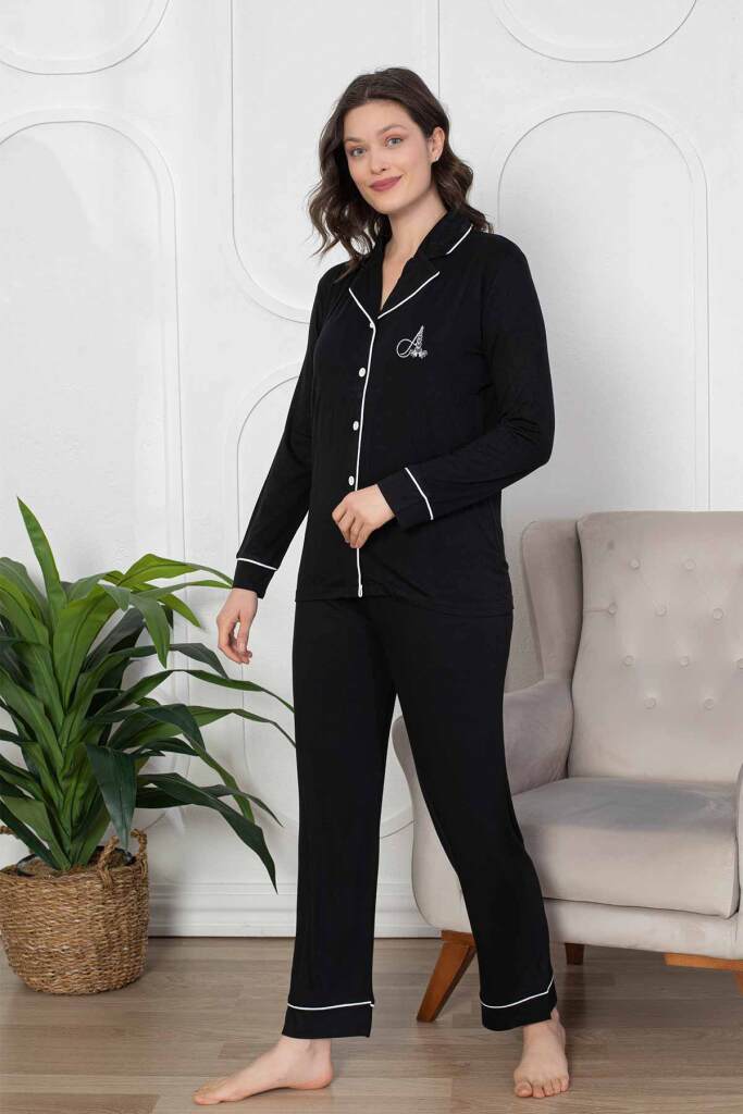 Kadın Pijama Takımı - Siyah Önden Düğmeli Uzun Kollu Likralı Viskon 2782UY - 2