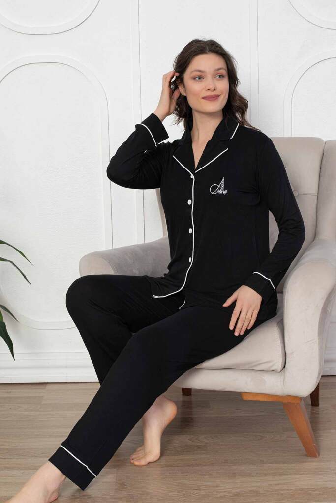 Kadın Pijama Takımı - Siyah Önden Düğmeli Uzun Kollu Likralı Viskon 2782UY - 3