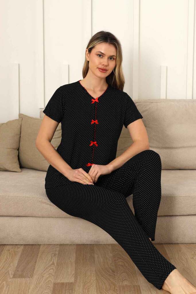 Kadın Pijama Takımı - Siyah Puantiyeli Önden Düğmeli Kısa Kollu Likralı 2828KY - 2