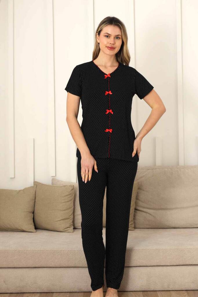 Kadın Pijama Takımı - Siyah Puantiyeli Önden Düğmeli Kısa Kollu Likralı 2828KY - 3