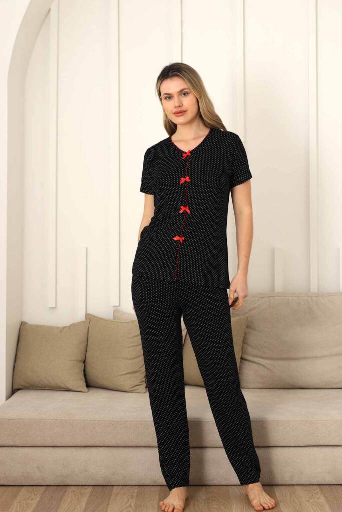 Kadın Pijama Takımı - Siyah Puantiyeli Önden Düğmeli Kısa Kollu Likralı 2828KY - 4