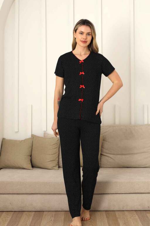 Kadın Pijama Takımı - Siyah Puantiyeli Önden Düğmeli Kısa Kollu Likralı 2828KY - Alimer