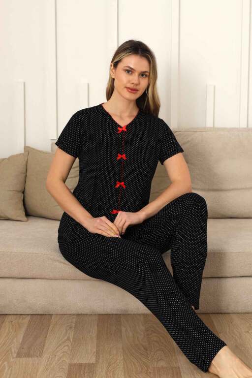 Kadın Pijama Takımı - Siyah Puantiyeli Önden Düğmeli Kısa Kollu Likralı 2828KY - Alimer (1)