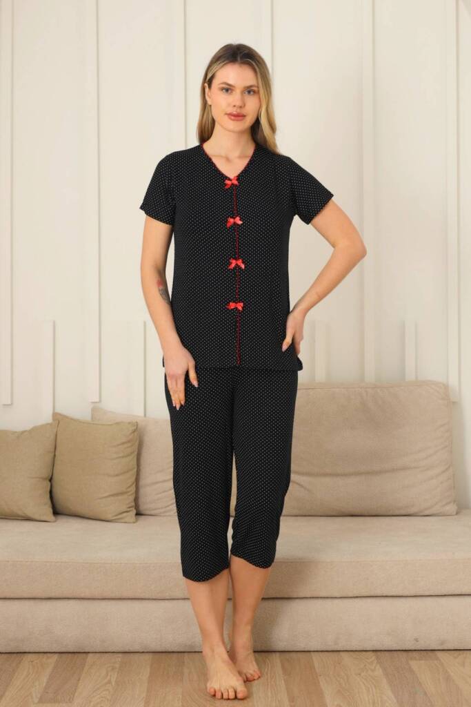 Kadın Pijama Takımı - Siyah Puantiyeli Önden Düğmeli Bermuda Likralı 2828B - 4
