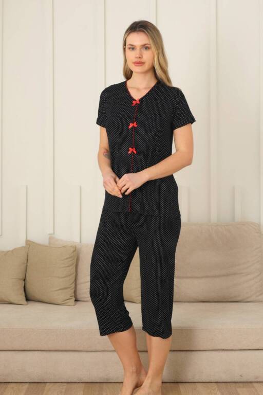 Kadın Pijama Takımı - Siyah Puantiyeli Önden Düğmeli Bermuda Likralı 2828B - 5