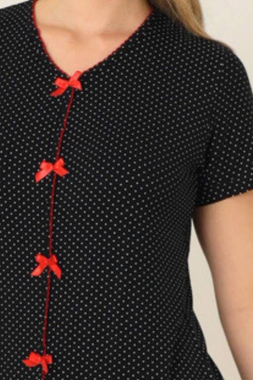 Kadın Pijama Takımı - Siyah Puantiyeli Önden Düğmeli Bermuda Likralı 2828B - Alimer (1)