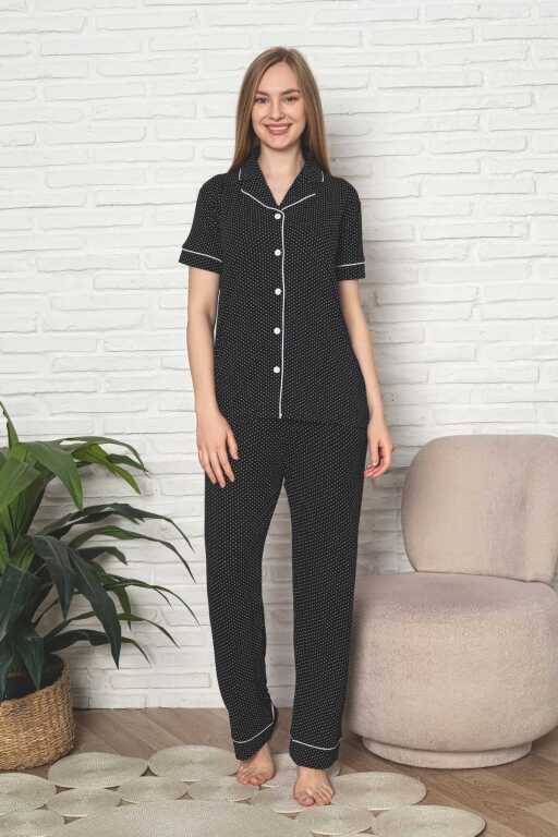 Kadın Pijama Takımı - Siyah Puantiyeli Önden Düğmeli Kısa Kollu Likralı Viskon 2888KY - Alimer