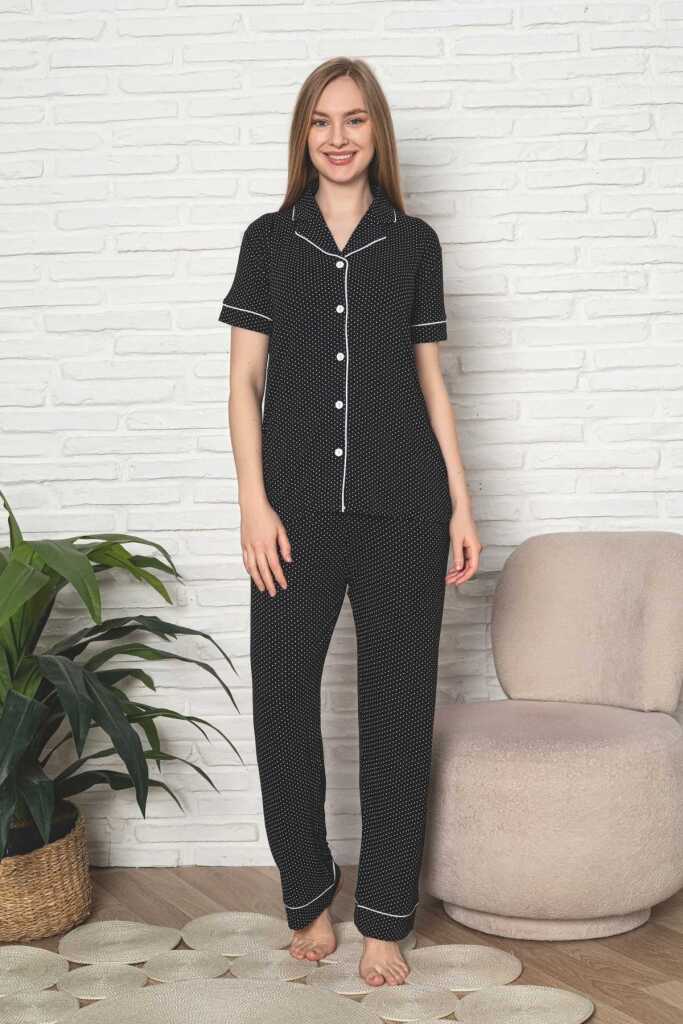 Kadın Pijama Takımı - Siyah Puantiyeli Önden Düğmeli Kısa Kollu Likralı Viskon 2888KY - 1