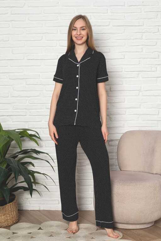 Kadın Pijama Takımı - Siyah Puantiyeli Önden Düğmeli Kısa Kollu Likralı Viskon 2888KY - 3