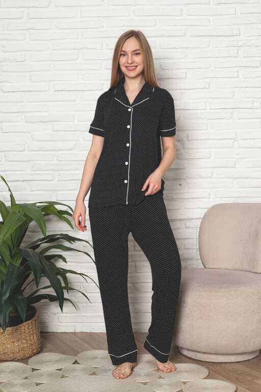 Kadın Pijama Takımı - Siyah Puantiyeli Önden Düğmeli Kısa Kollu Likralı Viskon 2888KY - 4