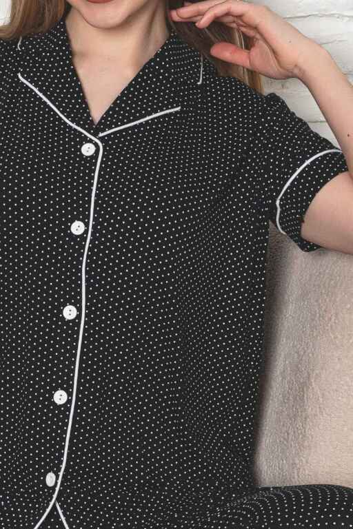Kadın Pijama Takımı - Siyah Puantiyeli Önden Düğmeli Kısa Kollu Likralı Viskon 2888KY - Alimer (1)