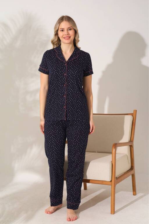 Kadın Pijama Takımı - Siyah Puantiyeli Önden Düğmeli Kısa Kollu Penye 2903KY - 3