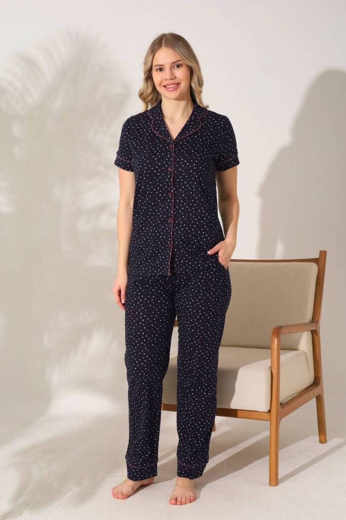 Kadın Pijama Takımı - Siyah Puantiyeli Önden Düğmeli Kısa Kollu Penye 2903KY - 1