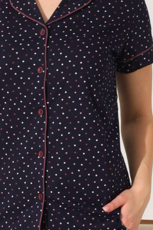 Kadın Pijama Takımı - Siyah Puantiyeli Önden Düğmeli Kısa Kollu Penye 2903KY - Alimer (1)