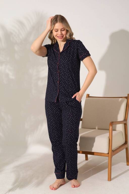 Kadın Pijama Takımı - Siyah Puantiyeli Önden Düğmeli Kısa Kollu Penye 2903KY - 4