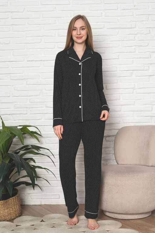 Kadın Pijama Takımı - Siyah Puantiyeli Önden Düğmeli Uzun Kollu Likralı Viskon 2888UY - Alimer