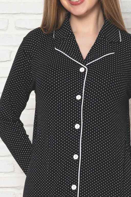 Kadın Pijama Takımı - Siyah Puantiyeli Önden Düğmeli Uzun Kollu Likralı Viskon 2888UY - Alimer (1)